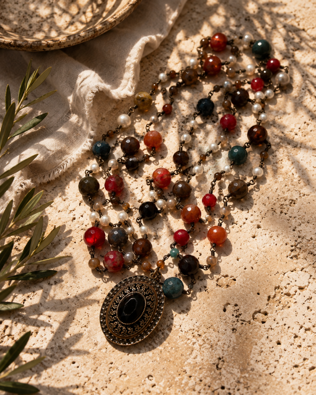 Reimagined vintage necklace, kralen en metaal en vintage hanger met zwarte steen, lengte ketting: ca. 170 cm
